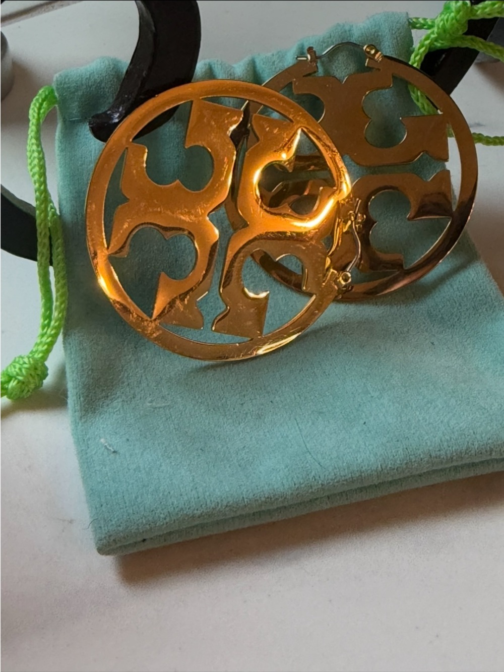Tory Burch Gold Logo Cutout Round Drop Earrings - Picture 2 of 2